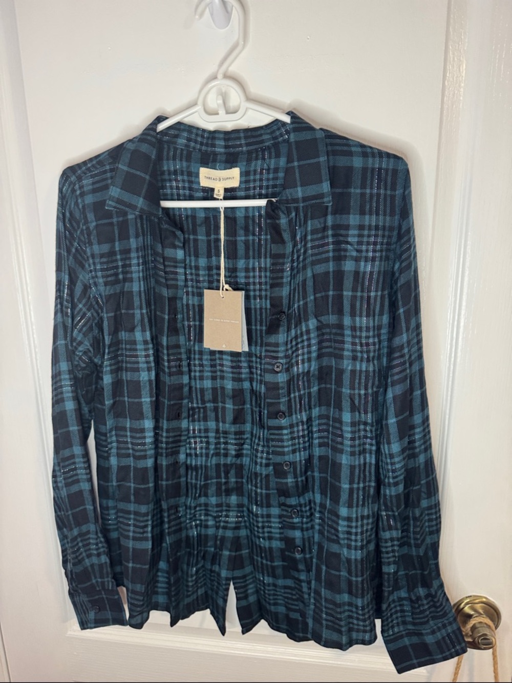Thread & Supply Teal and Black Plaid Button-Down Shirt